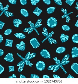 Colorful seamless pattern with blue crystals and crystal insect from precious stones, vector illustration eps 10