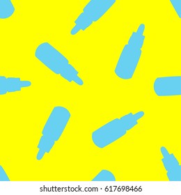 Colorful seamless pattern with blue e-juice liquid bottles for electronic cigarettes on juicy yellow background. Vector illustration.