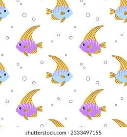 Colorful seamless pattern with blue purple angelfish and bubbles in flat hand drawn style. For design, textile, background