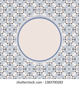 Colorful seamless pattern in blue and round frame, template for invitation or card design