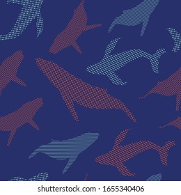 colorful seamless pattern of blue whales and dots in blue background. Kids cloths, background, pattern, design, fabric.