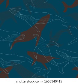 colorful seamless pattern of blue whales in dark blue background. Kids cloths, background, pattern, design, fabric.