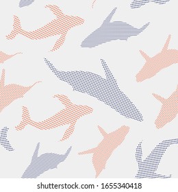 colorful seamless pattern of blue whales with dots in light background. Kids cloths, background, pattern, design, fabric.