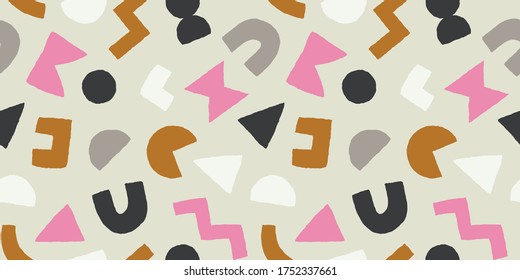 Colorful seamless pattern with bold geometric shapes. Vector abstract background with modern Scandinavian cut out elements.