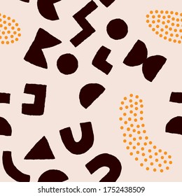 Colorful seamless pattern with bold geometric shapes and dots. Vector abstract background with modern Scandinavian cut out elements.
