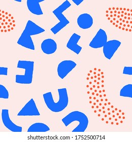 Colorful seamless pattern with bold geometric shapes and dots. Vector abstract background with modern Scandinavian cut out elements.