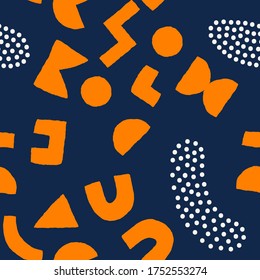 Colorful seamless pattern with bold geometric shapes and dots. Vector abstract background with modern Scandinavian cut out elements.
