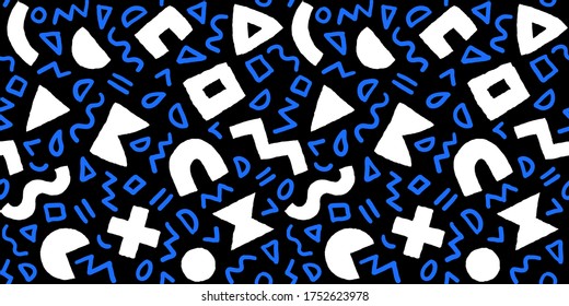 Colorful seamless pattern with bold geometric shapes and brushstrokes. Vector abstract background with modern Scandinavian cut out elements.