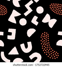 Colorful seamless pattern with bold geometric shapes and dots. Vector abstract background with modern Scandinavian cut out elements.