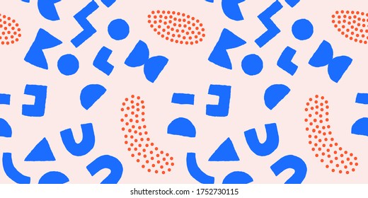 Colorful seamless pattern with bold geometric shapes and dots. Vector abstract background with modern Scandinavian cut out elements.