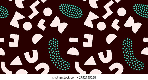 Colorful seamless pattern with bold geometric shapes and dots. Vector abstract background with modern Scandinavian cut out elements.