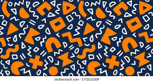 Colorful seamless pattern with bold geometric shapes and brushstrokes. Vector abstract background with modern Scandinavian cut out elements.