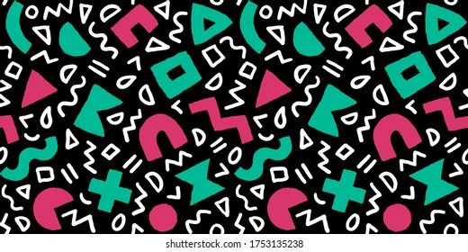 Patrón colorido y sin fisuras con formas geométricas audaces y pinceles. Fondo abstracto vectorial con elementos modernos de corte escandinavo.