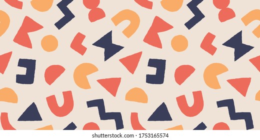 Colorful seamless pattern with bold geometric shapes. Vector abstract background with modern Scandinavian cut out elements.