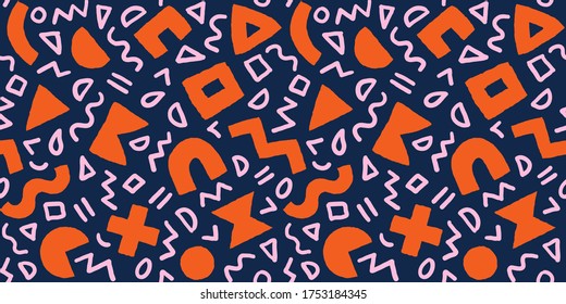 Patrón colorido y sin fisuras con formas geométricas audaces y pinceles. Fondo abstracto vectorial con elementos modernos de corte escandinavo.