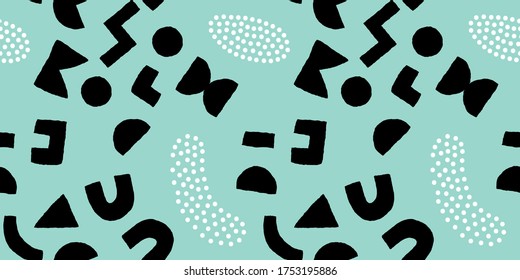 Colorful seamless pattern with bold geometric shapes and dots. Vector abstract background with modern Scandinavian cut out elements.