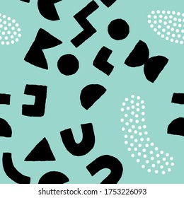 Patrón colorido y transparente con formas geométricas y puntos en negrita. Fondo abstracto vectorial con elementos modernos de corte escandinavo.