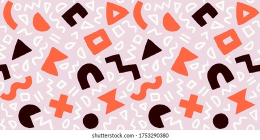 Patrón colorido y sin fisuras con formas geométricas audaces y pinceles. Fondo abstracto vectorial con elementos modernos de corte escandinavo.