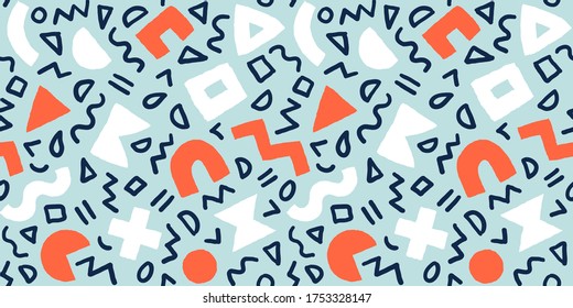 Farbiges, nahtloses Muster mit fett geometrischen Formen und Pinselstrichen. Abstrakter Vektorhintergrund mit modernen skandinavischen Schnittelementen.