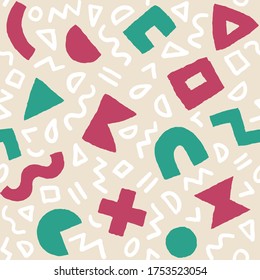 Colorful seamless pattern with bold geometric shapes and brushstrokes. Vector abstract background with modern Scandinavian cut out elements.