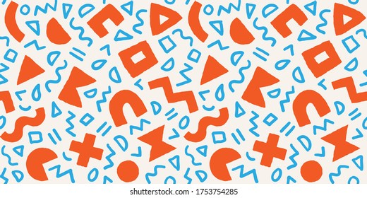 Farbiges, nahtloses Muster mit fett geometrischen Formen und Pinselstrichen. Abstrakter Vektorhintergrund mit modernen skandinavischen Schnittelementen.