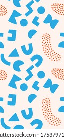 Colorful seamless pattern with bold geometric shapes and dots. Vector abstract background with modern Scandinavian cut out elements.