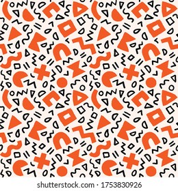 Colorful seamless pattern with bold geometric shapes and brushstrokes. Vector abstract background with modern Scandinavian cut out elements.