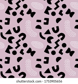 Colorful seamless pattern with bold geometric shapes and dots. Vector abstract background with modern Scandinavian cut out elements.