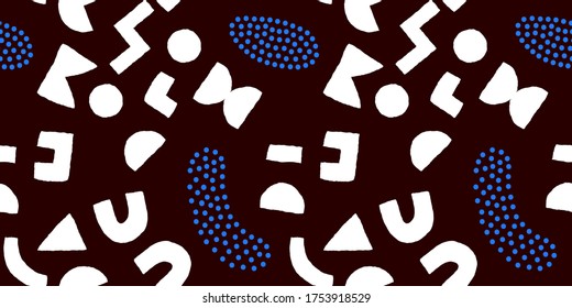 Colorful seamless pattern with bold geometric shapes and dots. Vector abstract background with modern Scandinavian cut out elements.
