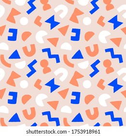 Colorful seamless pattern with bold geometric shapes. Vector abstract background with modern Scandinavian cut out elements.