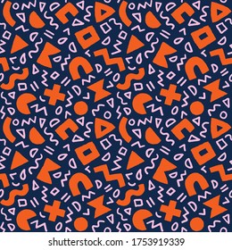 Colorful seamless pattern with bold geometric shapes and brushstrokes. Vector abstract background with modern Scandinavian cut out elements.