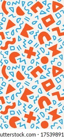Colorful seamless pattern with bold geometric shapes and brushstrokes. Vector abstract background with modern Scandinavian cut out elements.