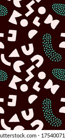Patrón colorido y transparente con formas geométricas y puntos en negrita. Fondo abstracto vectorial con elementos modernos de corte escandinavo.