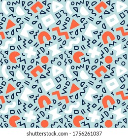 Colorful seamless pattern with bold geometric shapes and brushstrokes. Vector abstract background with modern Scandinavian cut out elements.