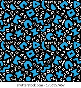 Colorful seamless pattern with bold geometric shapes and brushstrokes. Vector abstract background with modern Scandinavian cut out elements.