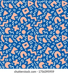 Colorful seamless pattern with bold geometric shapes and brushstrokes. Vector abstract background with modern Scandinavian cut out elements.