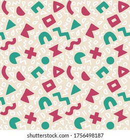 Colorful seamless pattern with bold geometric shapes and brushstrokes. Vector abstract background with modern Scandinavian cut out elements.
