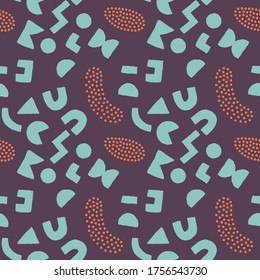 Colorful seamless pattern with bold geometric shapes and dots. Vector abstract background with modern Scandinavian cut out elements.