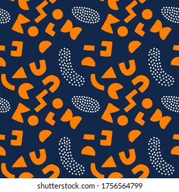 Colorful seamless pattern with bold geometric shapes and dots. Vector abstract background with modern Scandinavian cut out elements.