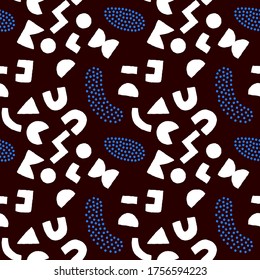 Colorful seamless pattern with bold geometric shapes and dots. Vector abstract background with modern Scandinavian cut out elements.