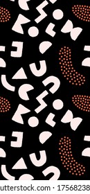 Colorful seamless pattern with bold geometric shapes and dots. Vector abstract background with modern Scandinavian cut out elements.