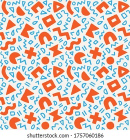 Colorful seamless pattern with bold geometric shapes and brushstrokes. Vector abstract background with modern Scandinavian cut out elements.