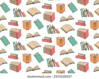 Colorful seamless pattern of book, notebook, copybook, pile of books. Icons in flat style isolated on transparent background. Hand drawing doodles. Vector illustration 