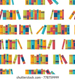 Colorful seamless pattern with books on bookshelves. Library, bookstore. Flat design. Vector illustration