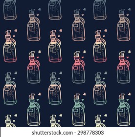 Colorful seamless pattern with bottle summer ocean beach elements separated by color stripes on dark background.