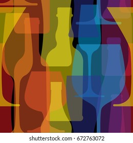 Colorful seamless pattern with bottles and glasses of alcohol drinks. Bright vector background.