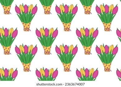 Colorful seamless pattern of bouquets of tulips in wrapping paper in trendy bright colors. Isolate