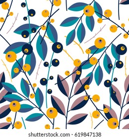 Colorful seamless pattern with branches and flowers. Simple shapes