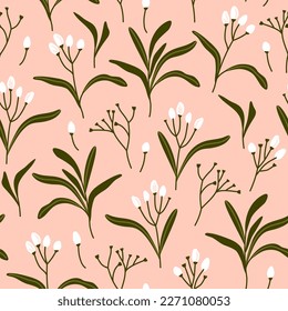 Colorful seamless pattern with branches, leaves, flower buds. Simple flat floral background for wallpaper, wrapping paper, surface design