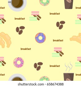 Colorful Seamless pattern of Breakfast with coffee, donuts and croissants